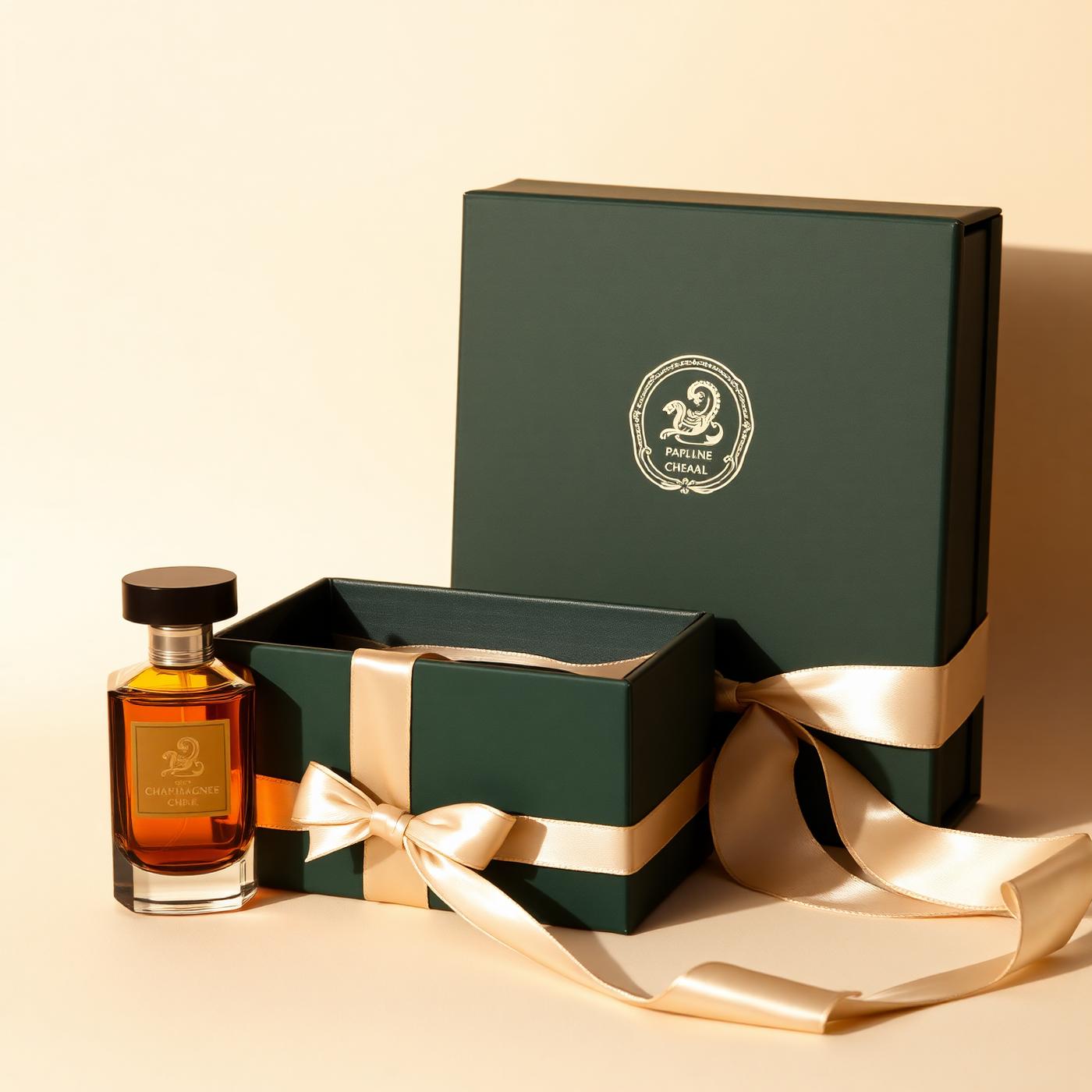 Deep forest green gift box with champagne silk ribbon — Mango People World gift collection