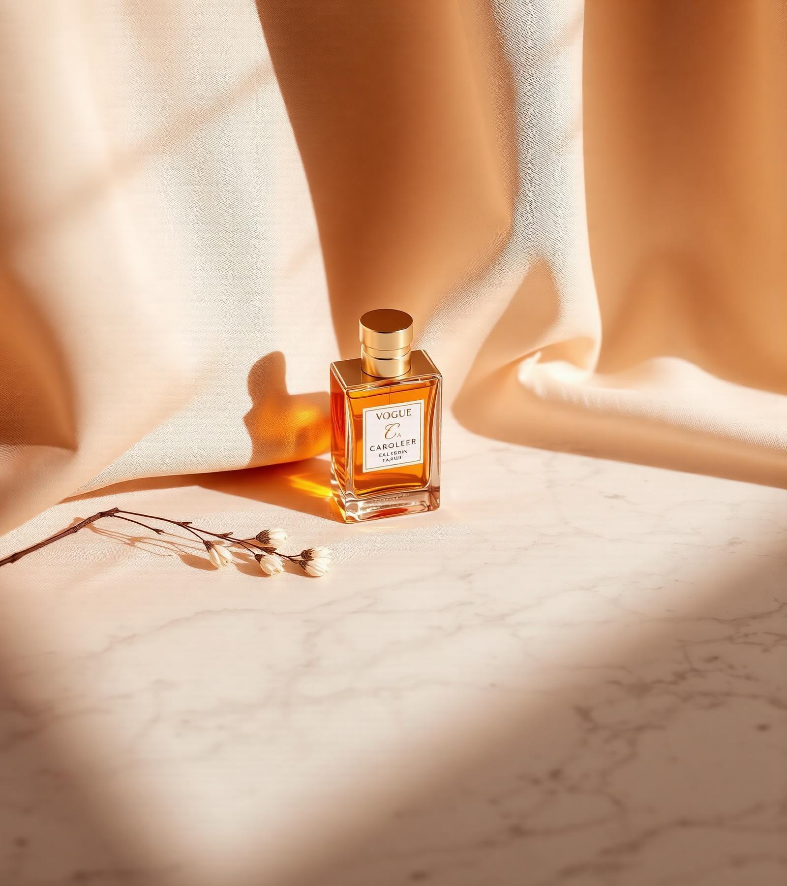 Amber glass perfume bottle on marble with silk drape — Mango People World