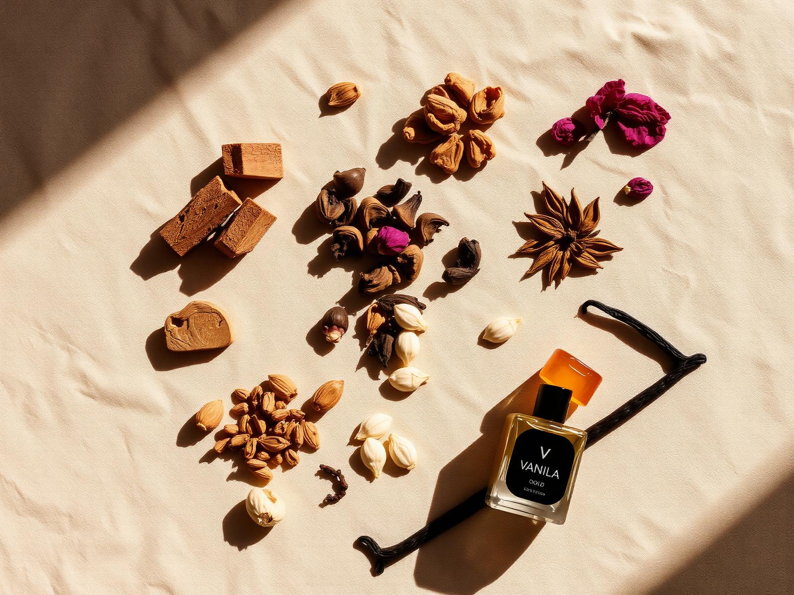 Natural fragrance ingredients — sandalwood, oud, rose, vanilla — on ivory linen