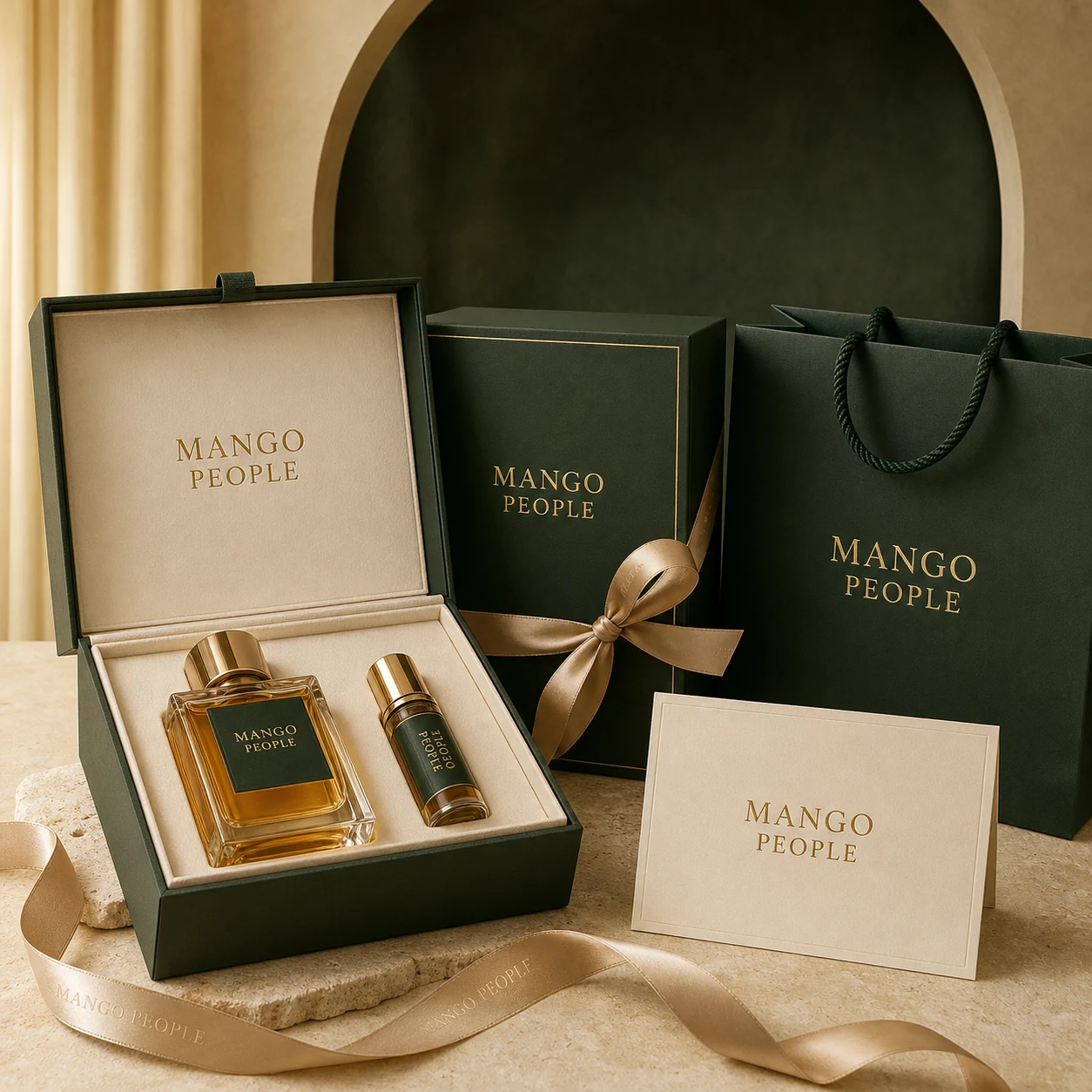 Mango People luxury perfume gift set with branded box, bag, card and ribbon