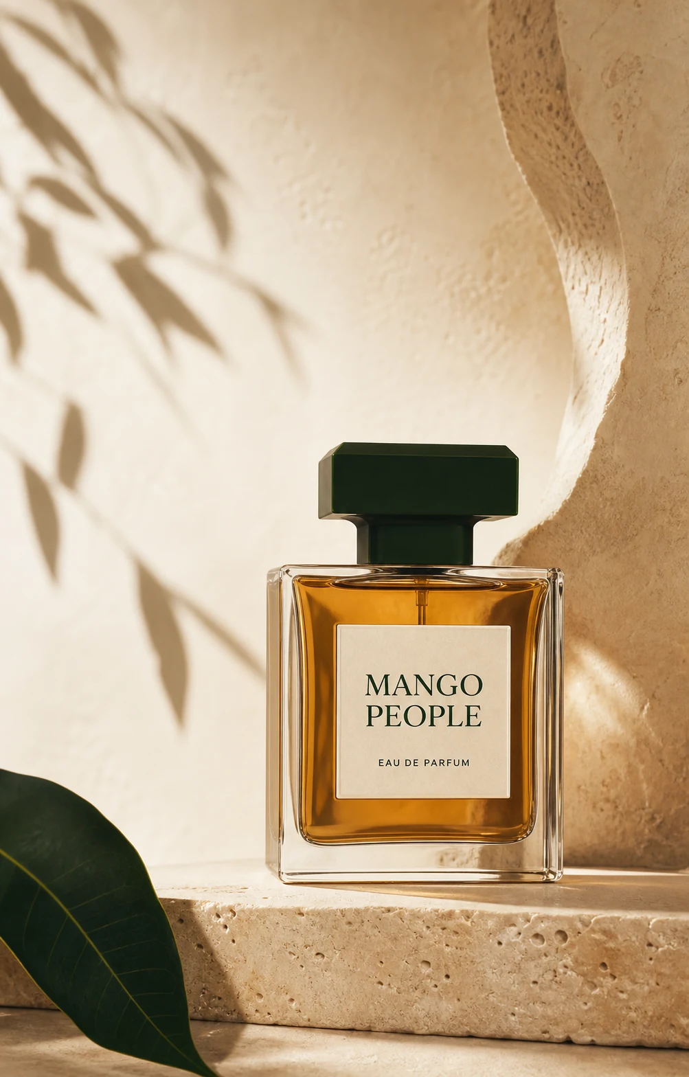 Mango People luxury Eau de Parfum bottle in amber glass with forest green cap