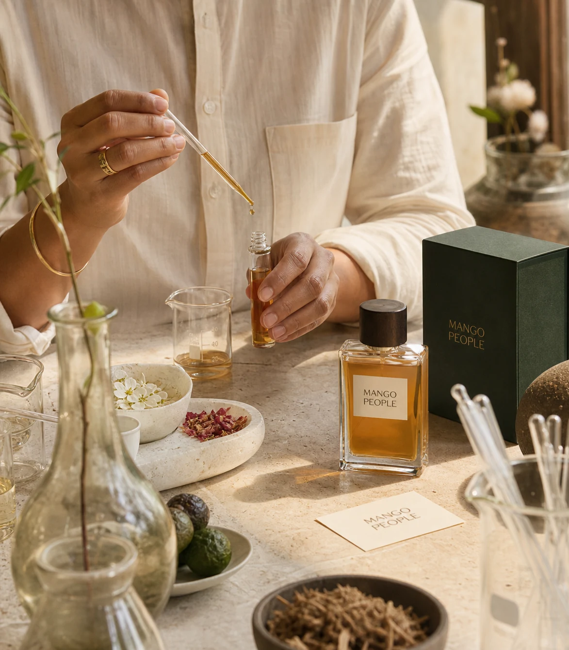 Mango People fragrance artisan composing perfume beside branded bottle and box